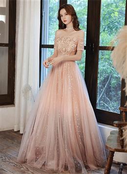 Picture of Pink Tulle Off Shoulder with Lace A-line Party Dresses, Pink Long Evening Gown